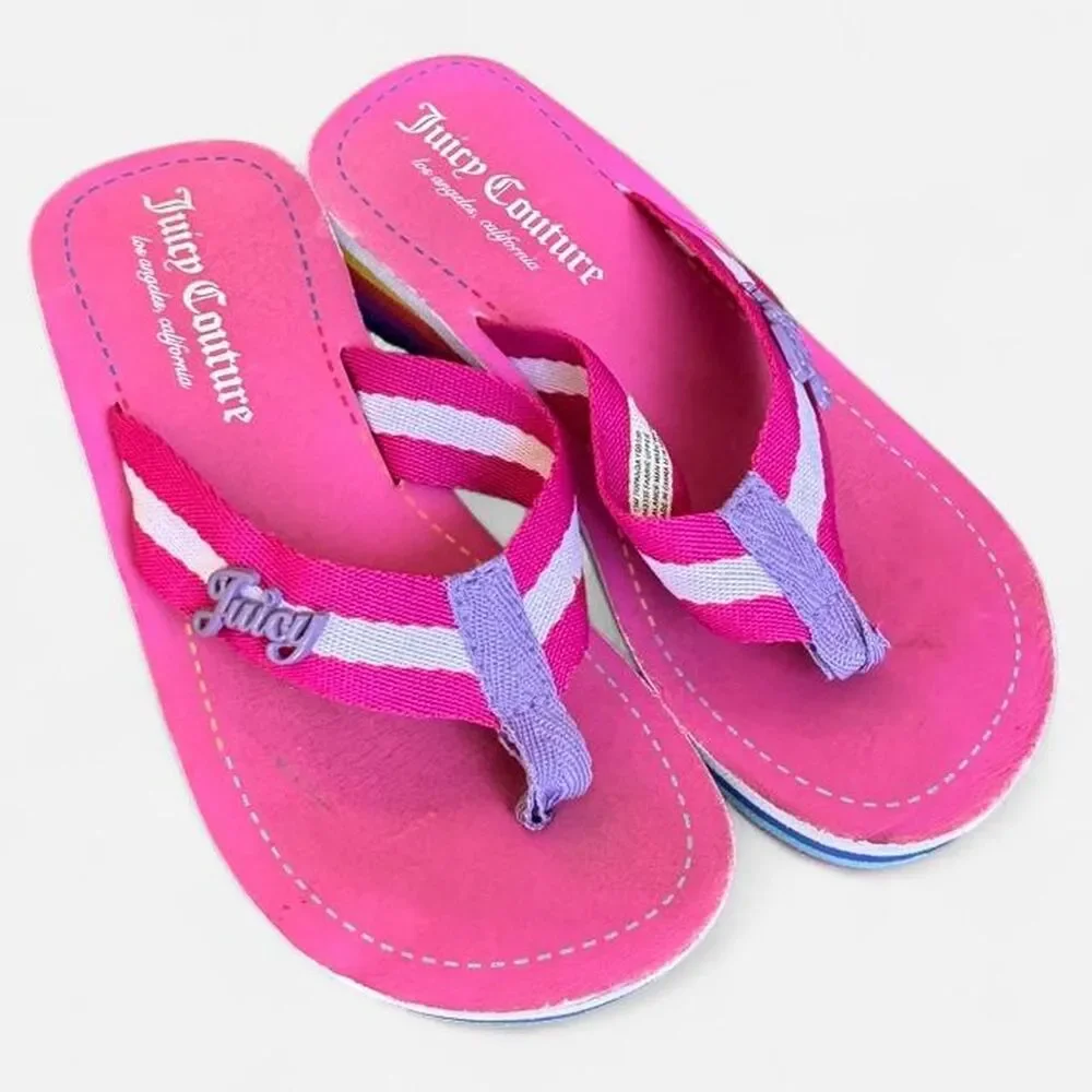 Juicy Couture pink platform flip flops with rainbow stripes sole
